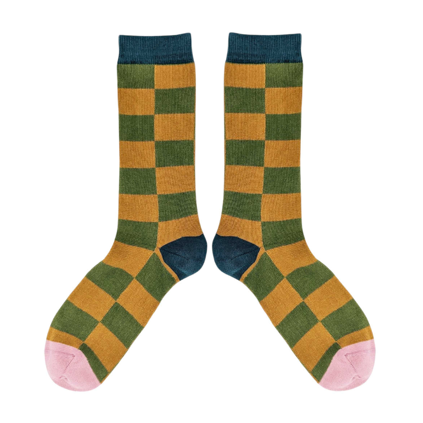 COTTON SOCKS (Size 8-11) KHAKI / MUSTARD JUMBO CHECK