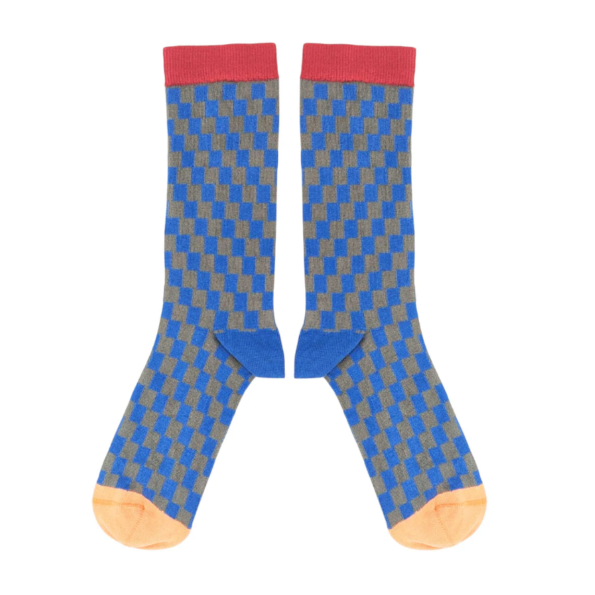 COTTON SOCKS (Size 8-11) BLUE MINI CHECK