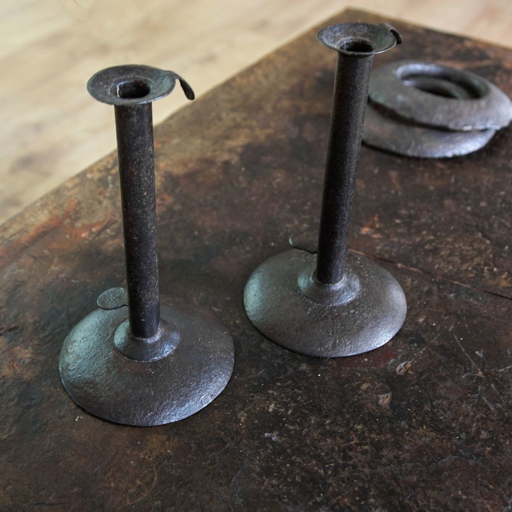 18th Century iron hogscraper candlesticks