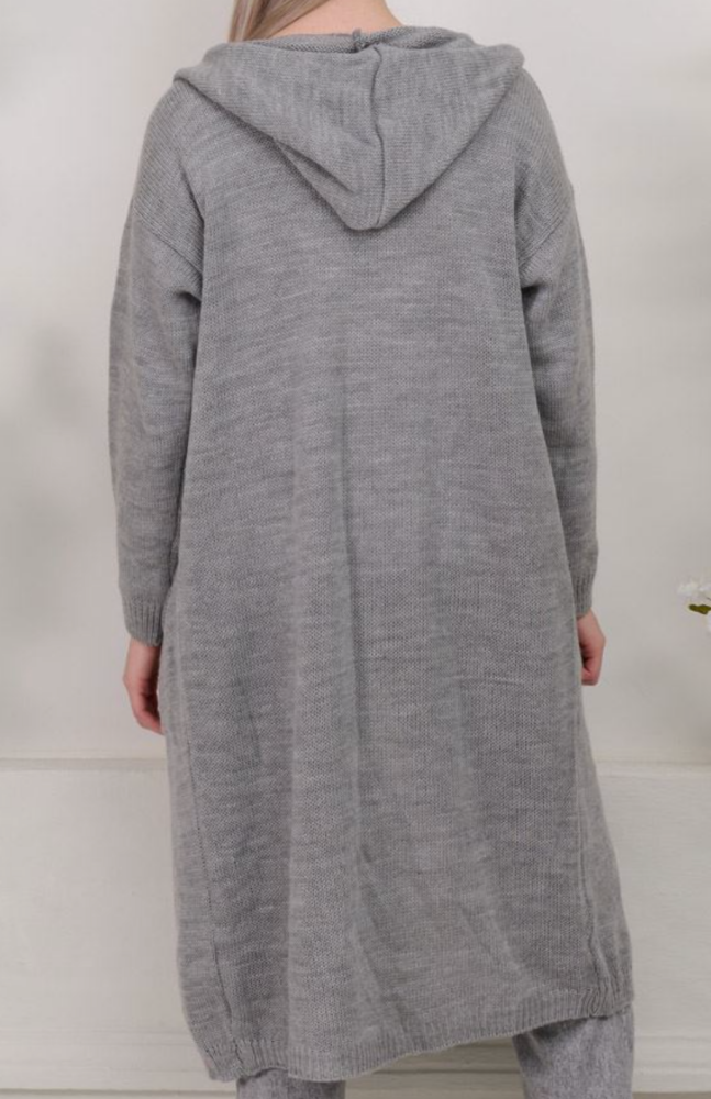 Long Line Light Grey Hooded Cardigan