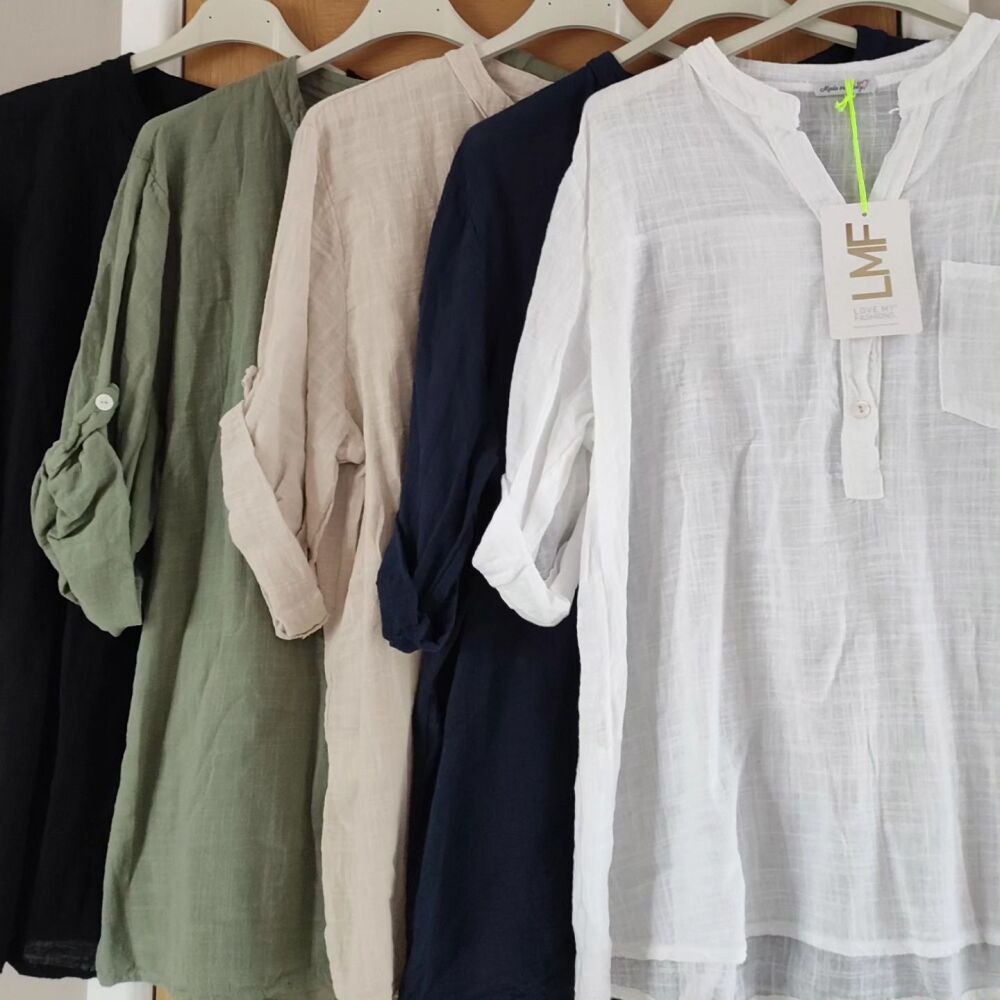 Grandad Collar Shirt (White,Khaki,Stone,Black & Navy)
