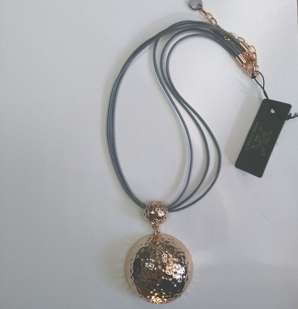 Grey Leather-like Strap Necklace with Rose Gold Pendant