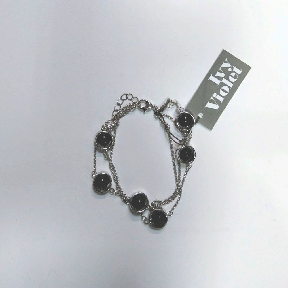 Silver Mutli-strand Bracelet with Black Discs