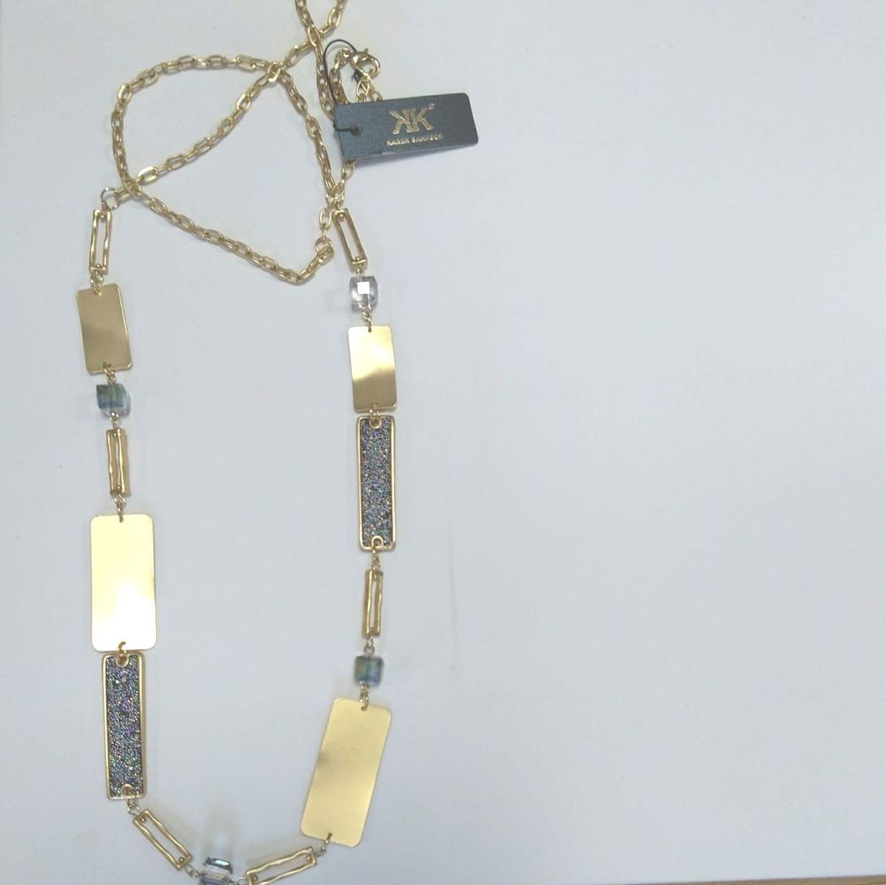 Long Gold Necklace with black Sparkle Rectangular Pendants