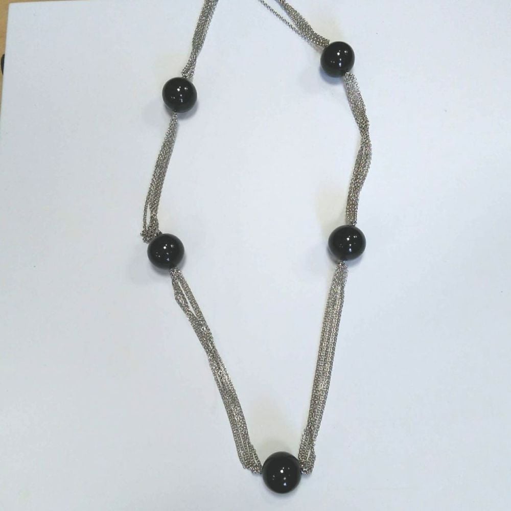 Long Silver Multi-Strand Necklace with Black Bauble Pendants