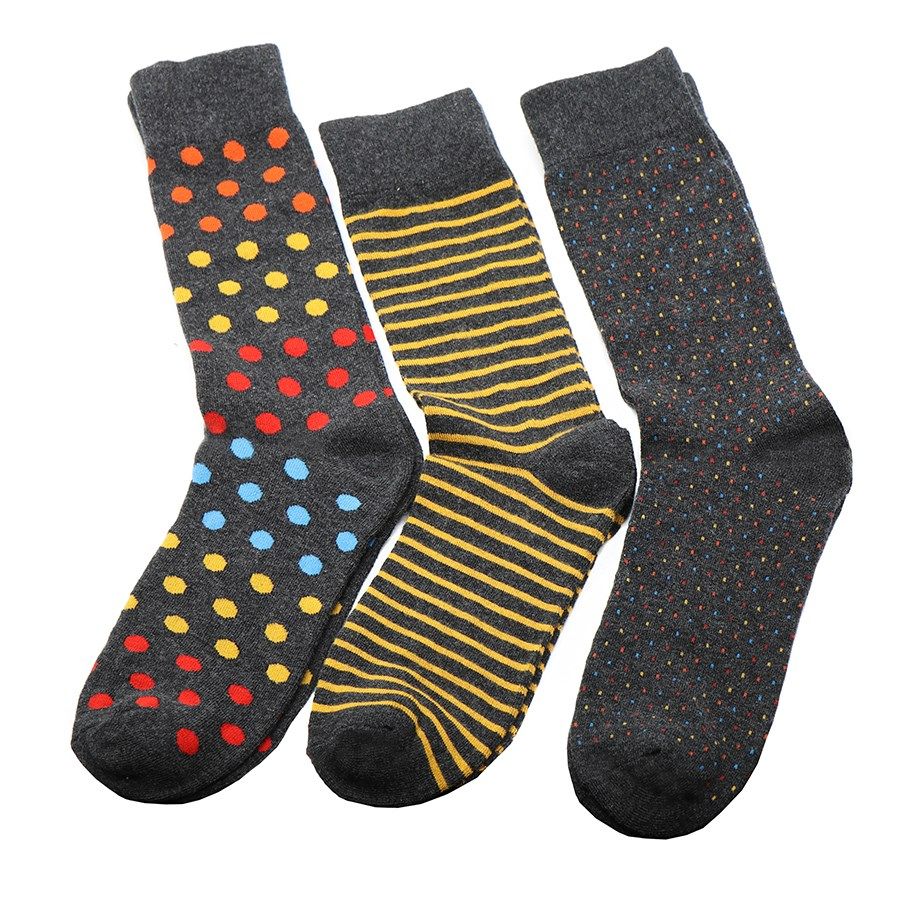 Boxed triple bamboo socks for men in grey, yellow and red