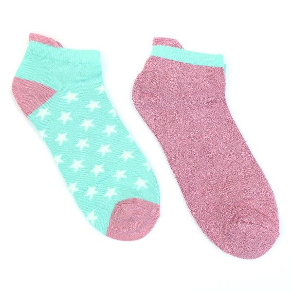 Pink/mint mix trainer sock duo with stars and lurex