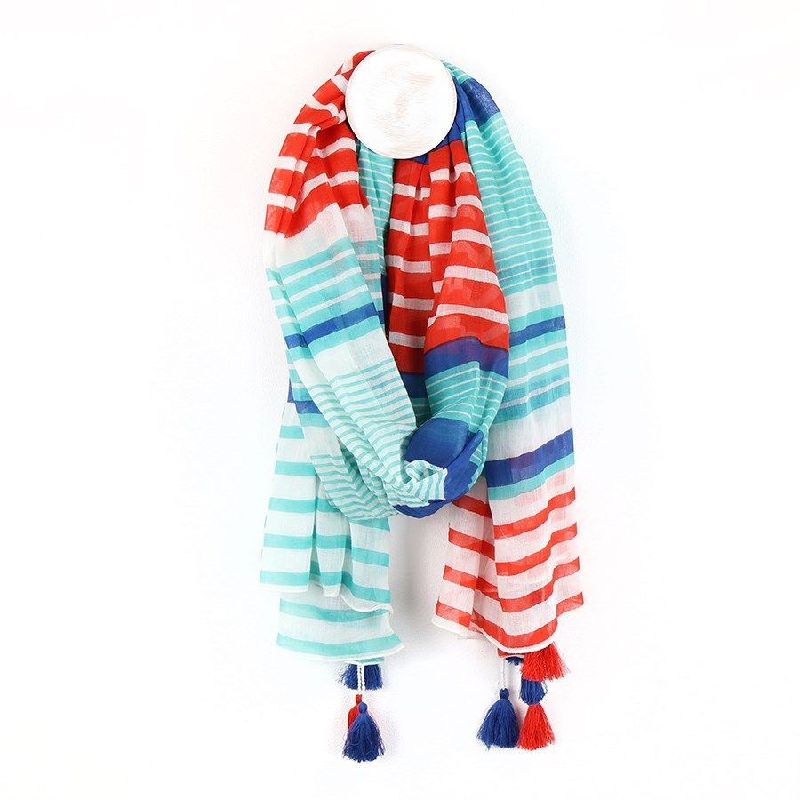 Red, white and blue stripe cotton scarf with tassels