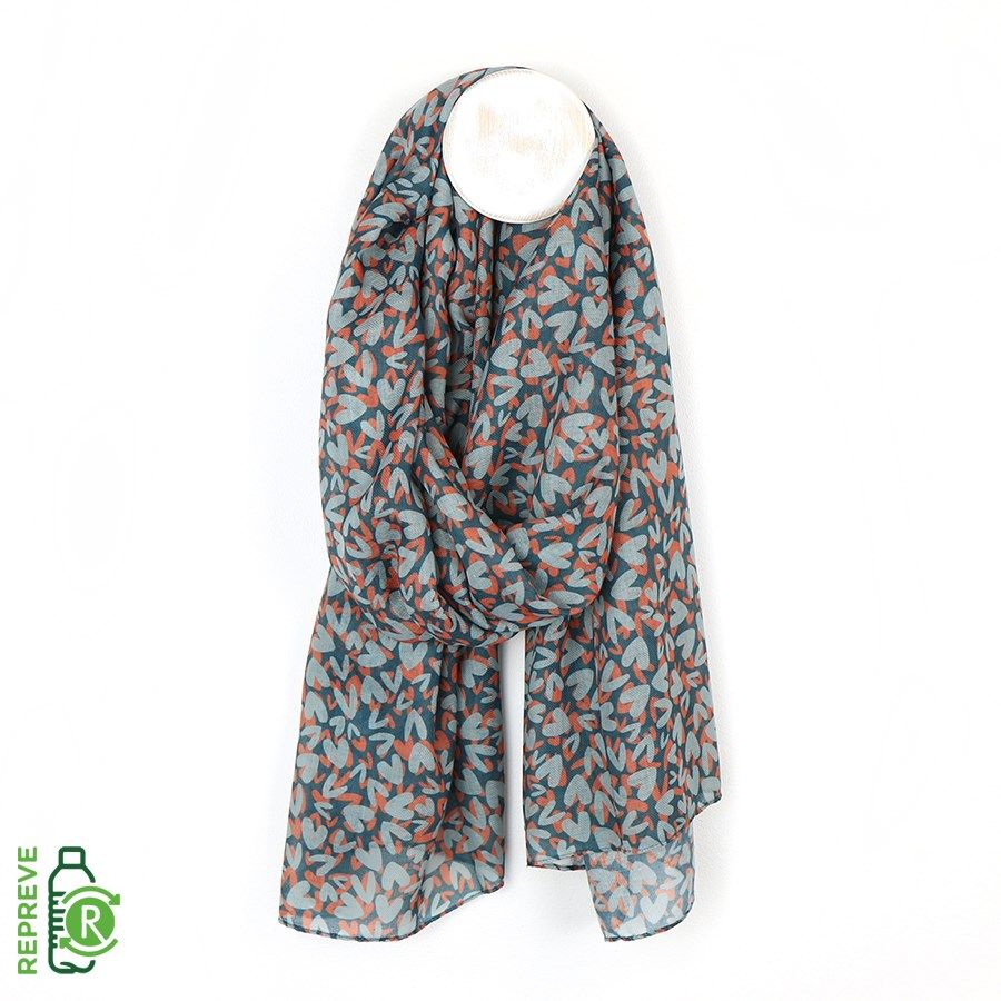 Recycled blue and orange heart print scarf