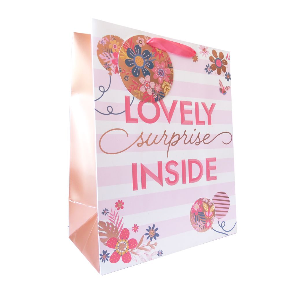 Lovely Surprise Inside- Pink Floral Gift Bag (Medium Portrait)