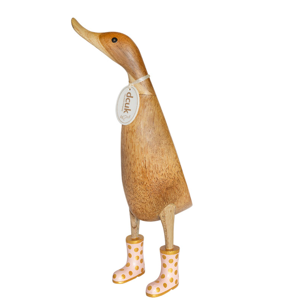 Natural Finish Ducklet with Pink and Gold Spotty Welly Boots