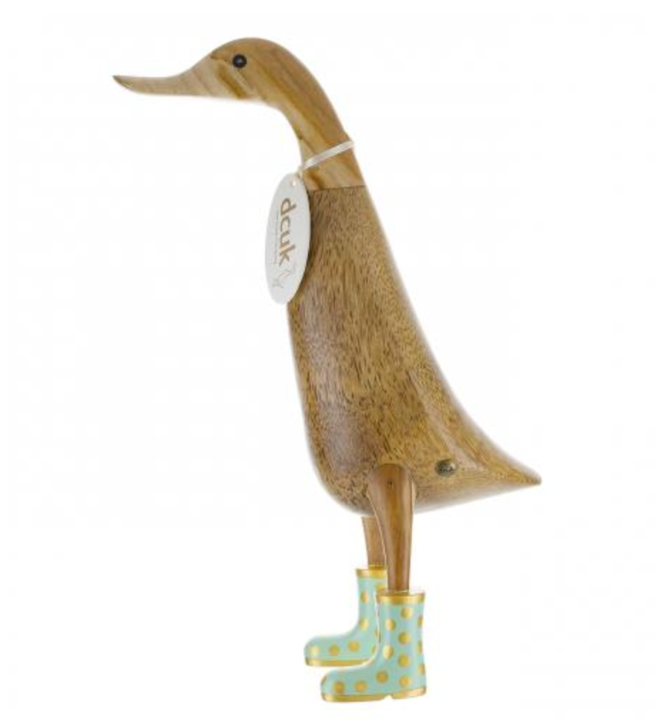 Natural Finish Ducklet with Pastel Green and Gold Spotty Welly Boots