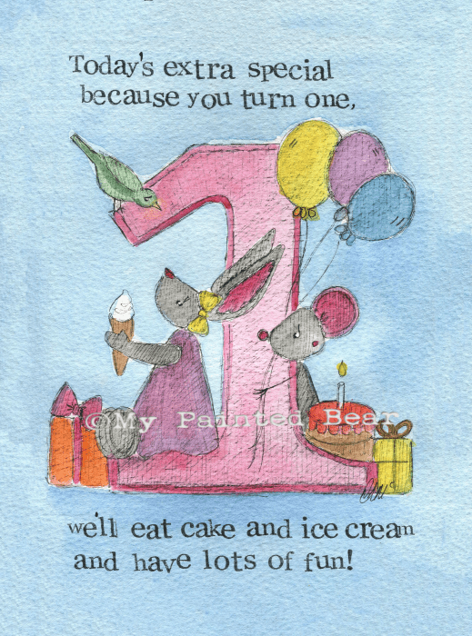 Cake and ice cream (Girls)- 1st Birthday Card