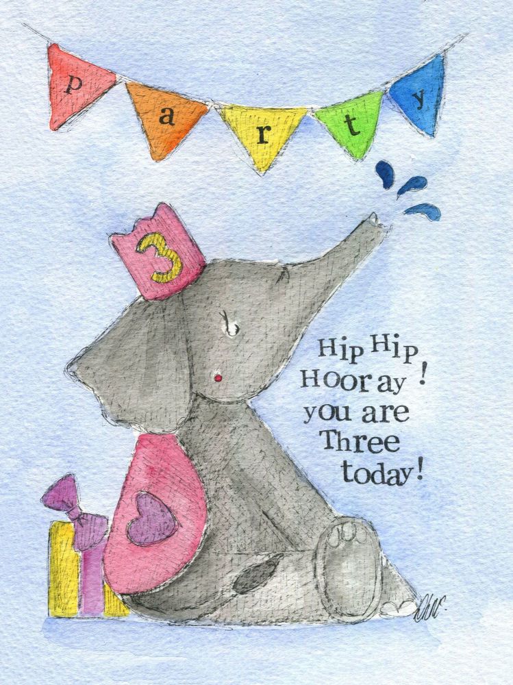 Hip Hip Hooray 3 today (Girls)- 3rd Birthday Card