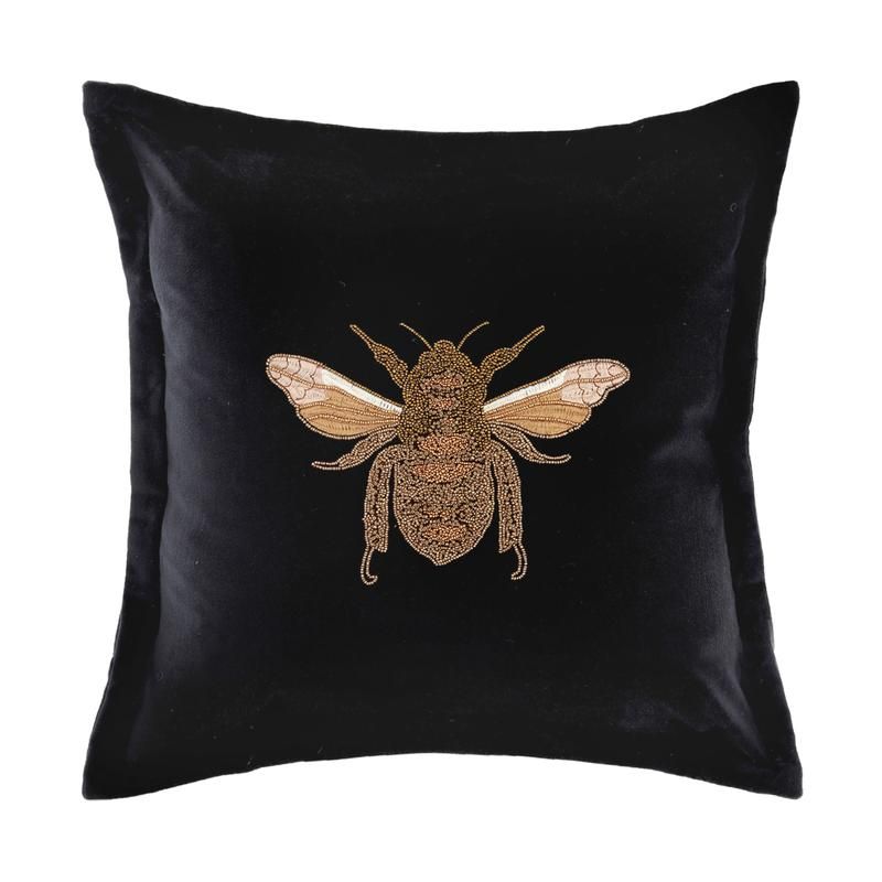 Layla Black Velvet 50 x 50cm Cushion with Bee- Voyage Maison