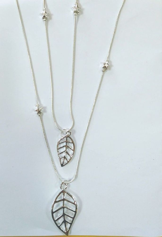 Long Silver 2-Stranded Necklace with Leaf Pendants