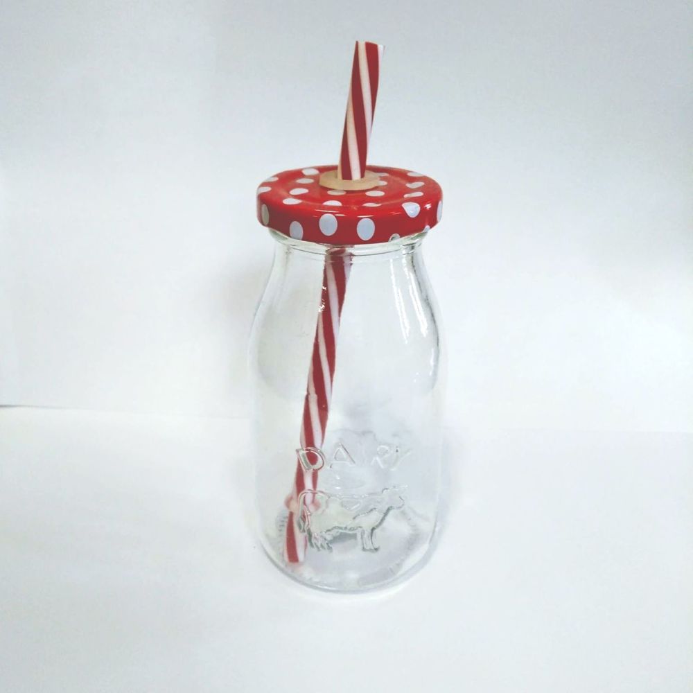 Small Red Polka Dot/ Stripe Bottle with Straw
