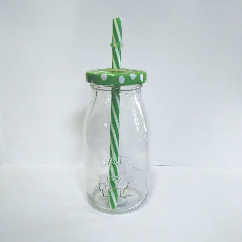 Small Green Polka Dot/ Stripe Glass Bottle with Straw