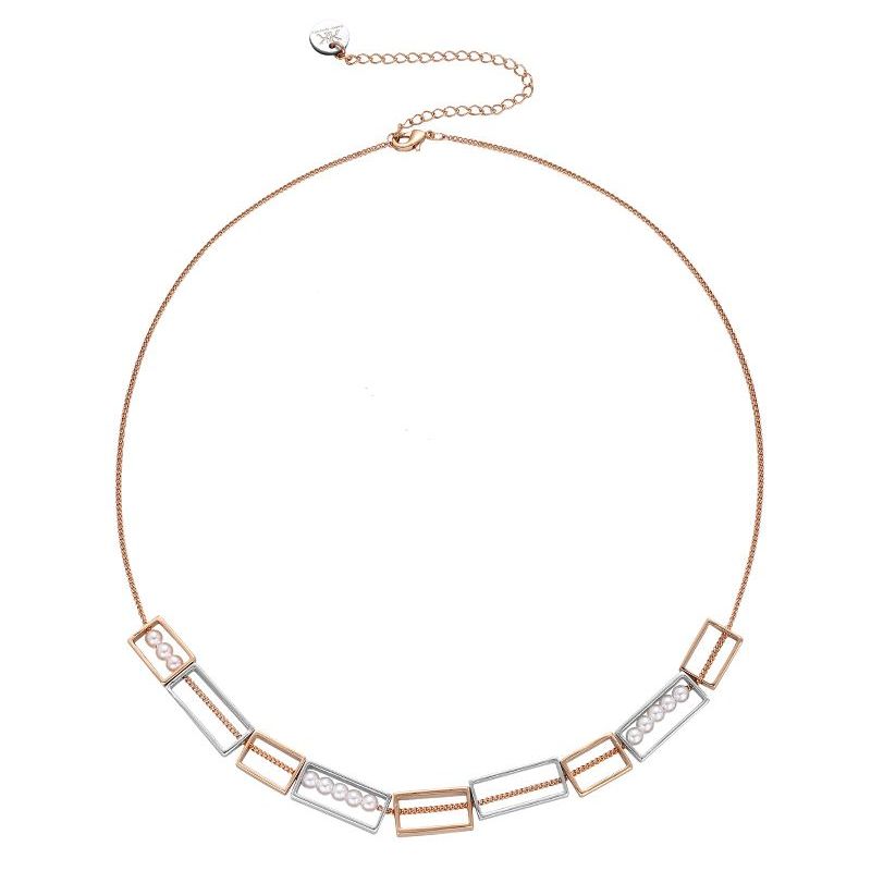 Rose Gold and Silver Rectangular Pendants Necklace with Faux Pearls