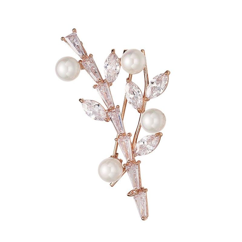 Rose Gold Crystal Leaves Brooch with Faux Pearls