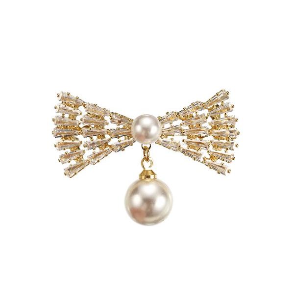 Yellow Gold Bow Brooch with Faux Pearls
