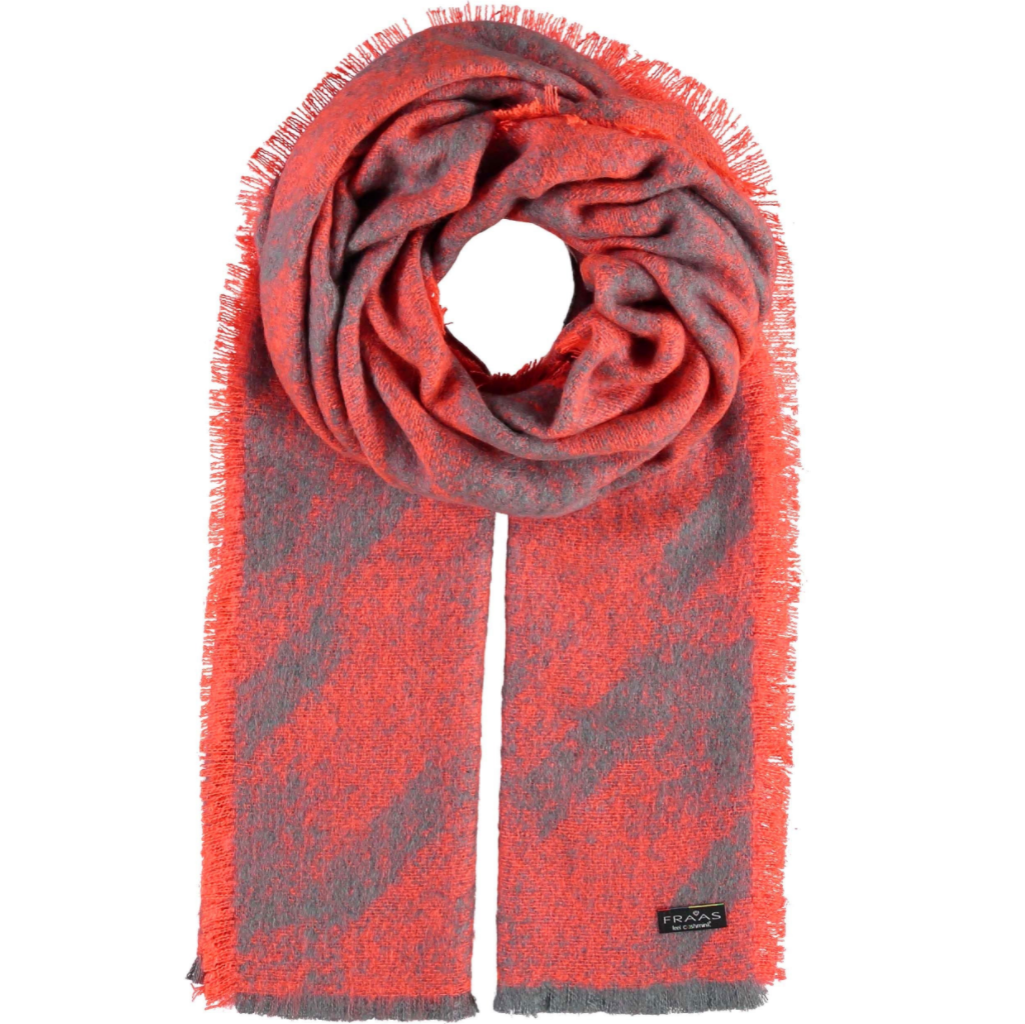 Cashmink® stole with houndstooth pattern- Grey and Neon Coral