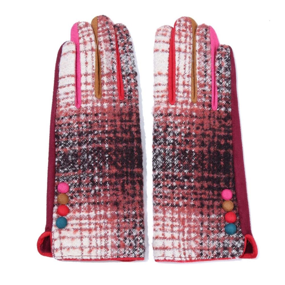 Wine Red Patterned Gloves with multi-coloured Buttons