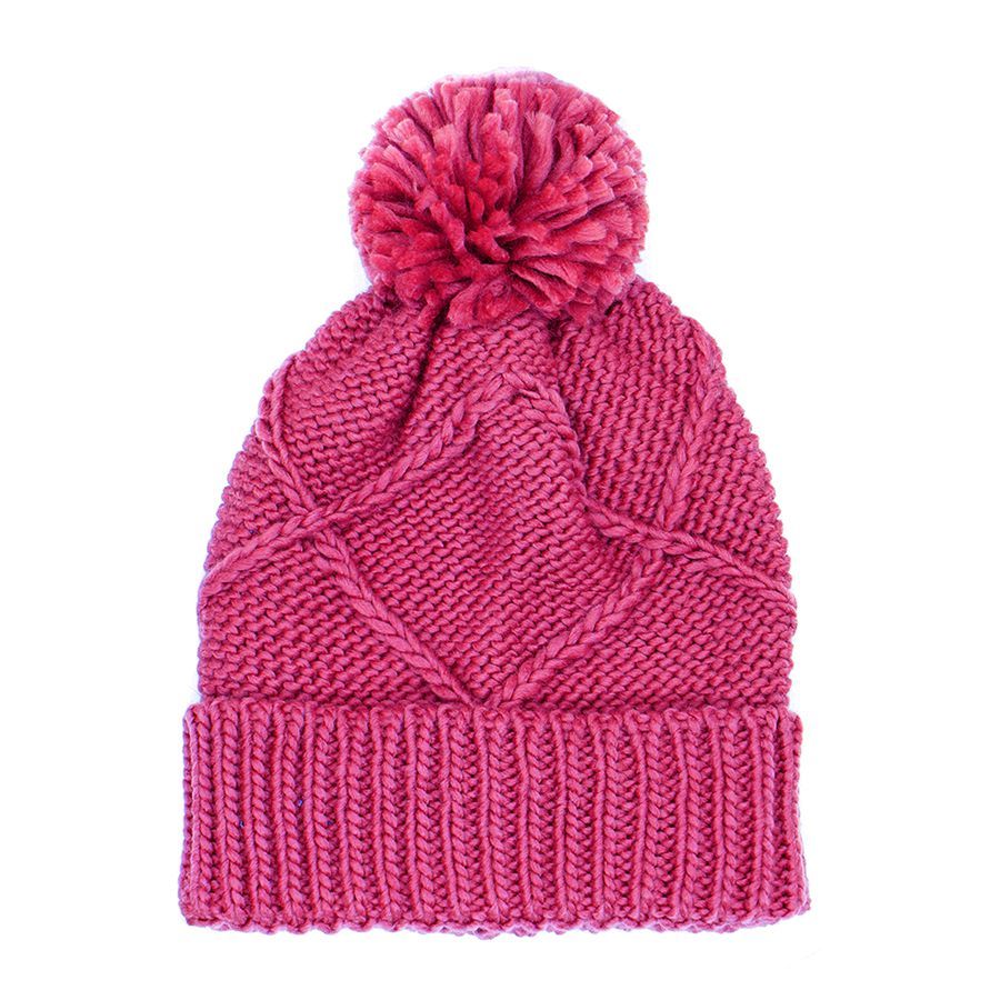 Pink trellis knit bobble hat with matching pom-pom