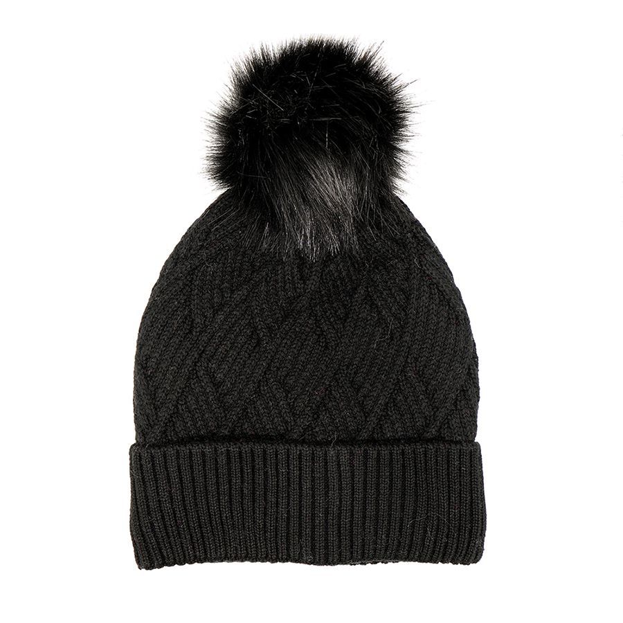 Charcoal diamond knit hat with faux fur bobble