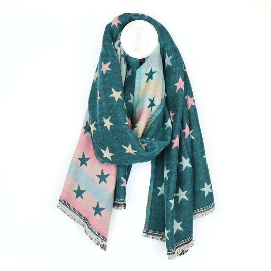 Teal and pastel reversible jacquard star scarf