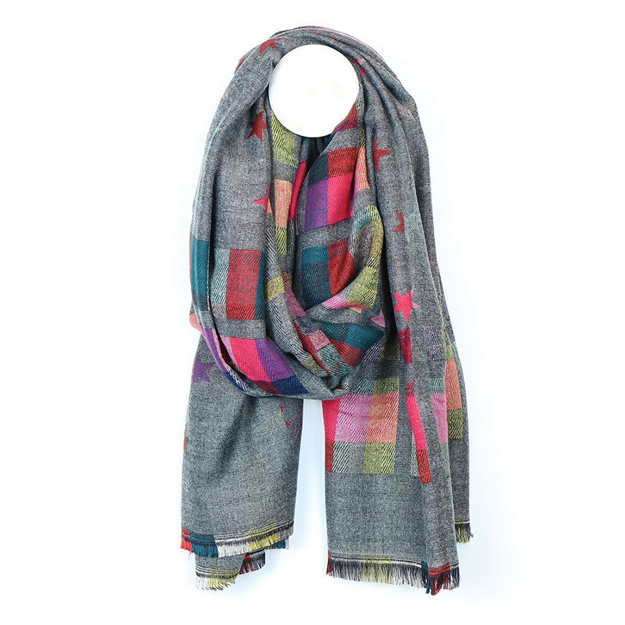 Mid grey and pink mix check and star scarf
