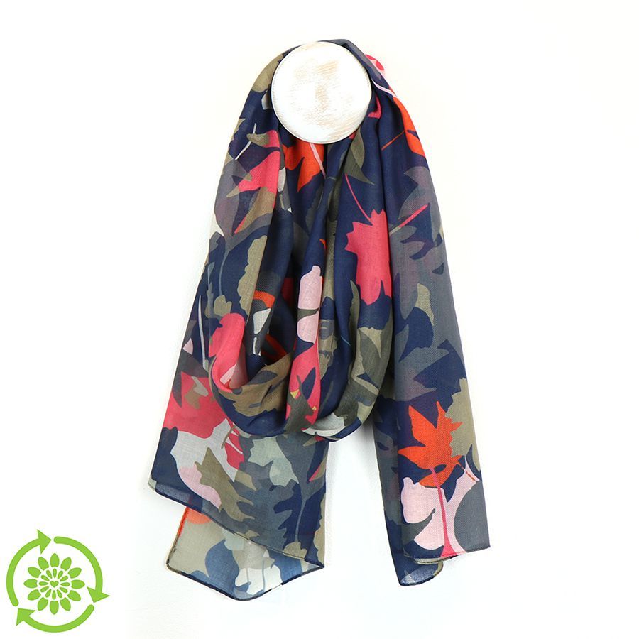Navy and sage recycled leaves scarf