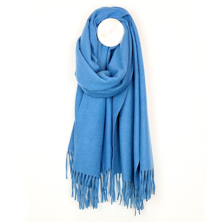 Soft winter single colour scarf in cobalt blue with fringe