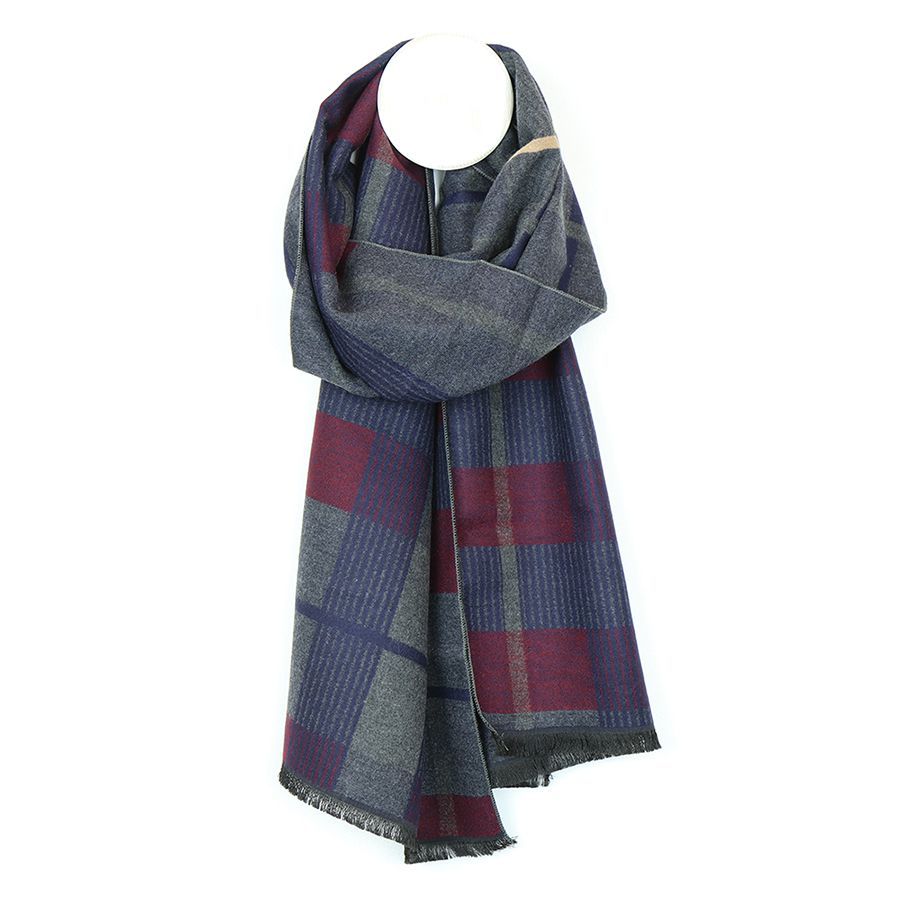 Blue, grey and bugundy check scarf for men