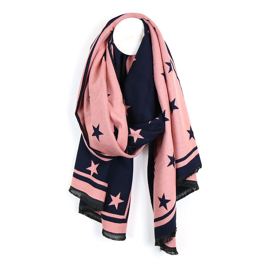 Navy and salmon pink mix reversible star scarf