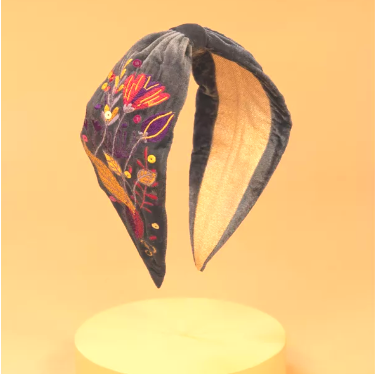 Velvet Headband Floral Embroidered- Charcoal