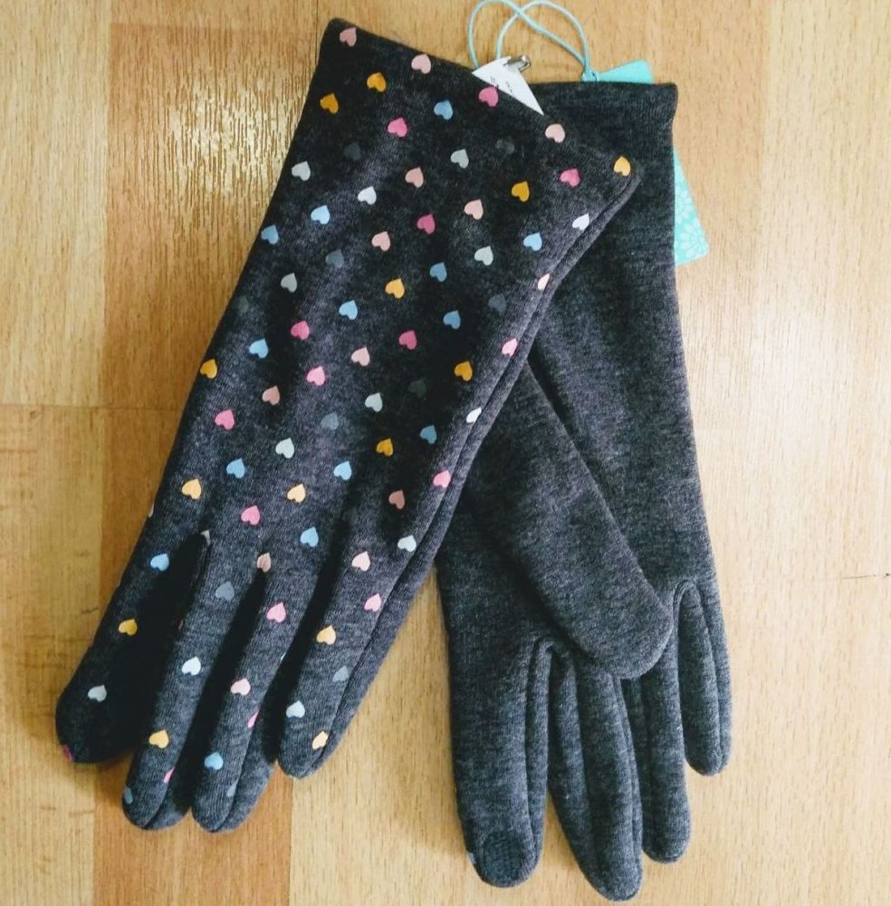 Grey Gloves with multicoloured Heart print