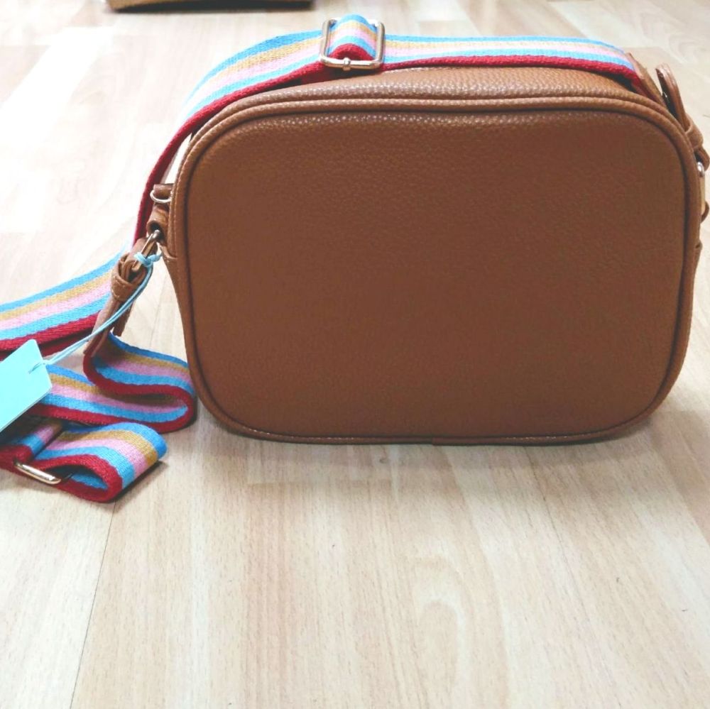Tan Pebble Grain PU Cross-Body Bag with Pink Mix Striped Strap