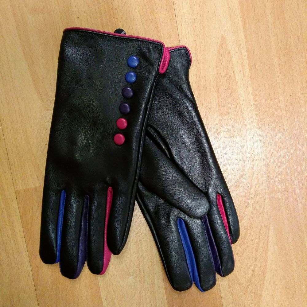 black leather gloves with pink trim