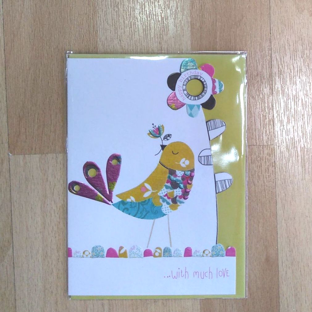 Birthday Card- Bird and Flowers (Mustard and Pink)