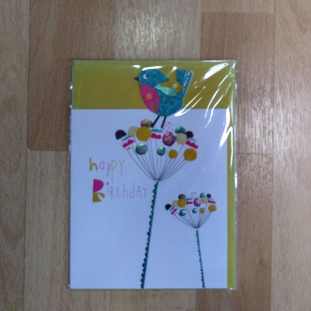 Birthday Card- Bird and Flowers (Mustard and Pink)