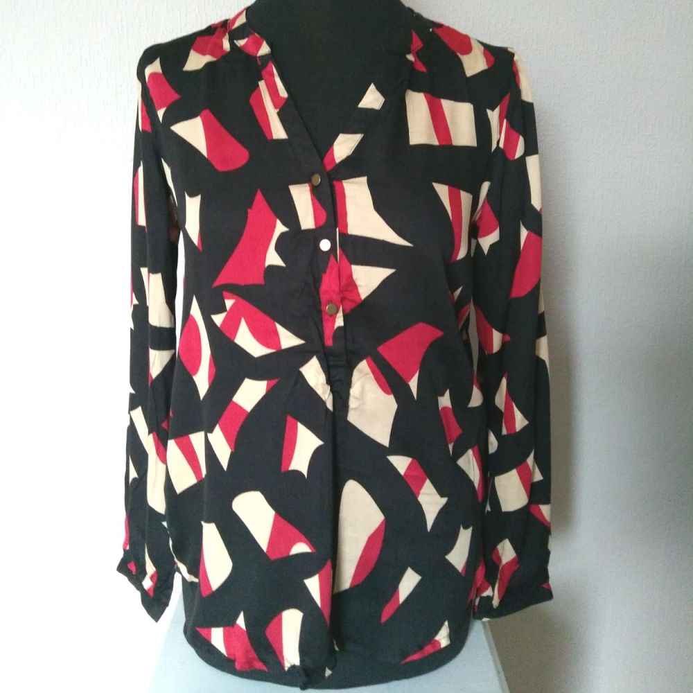 Black, Red and Cream Patterned Top- XS