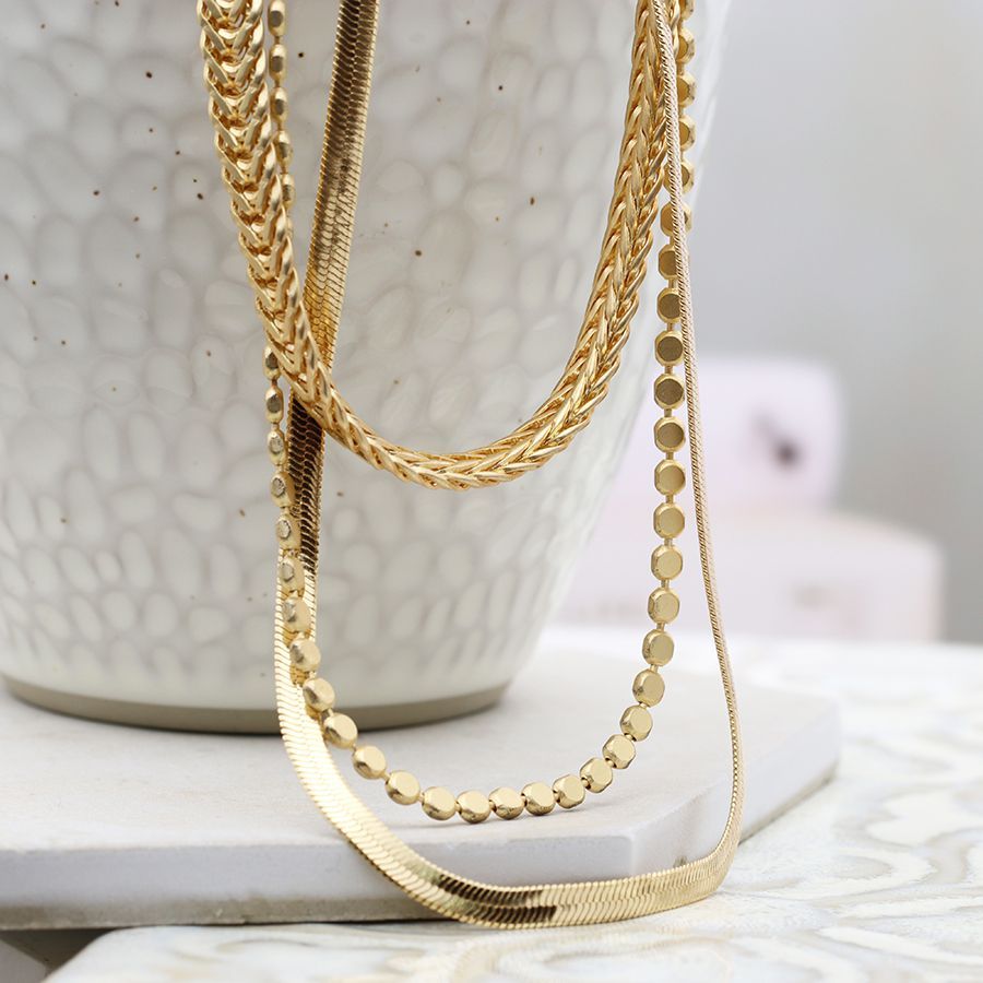 Triple layer faux gold plated mixed chain necklace