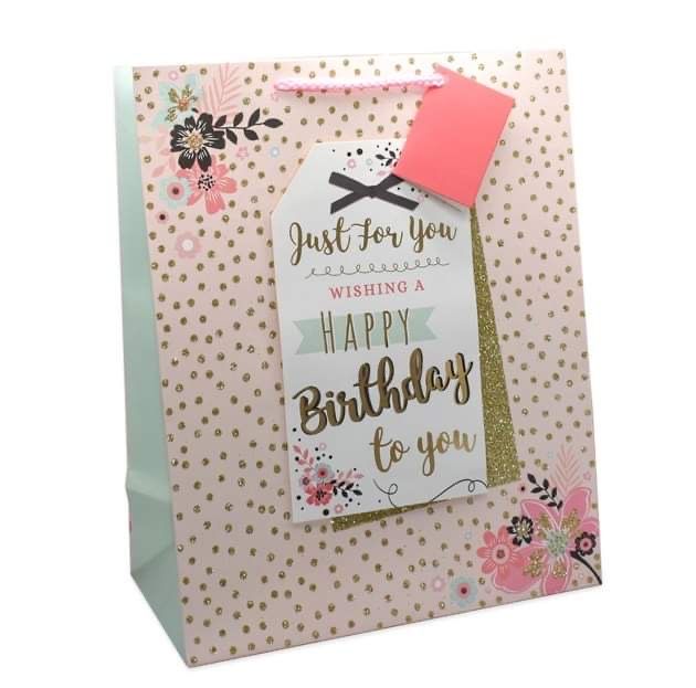 Happy Birthday Gift Bag- Pink Floral Glitter (Large)