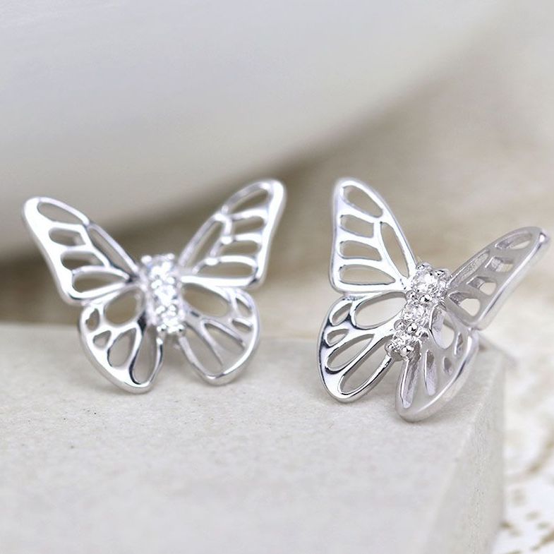 Sterling silver cut-out butterfly stud earrings with CZ crystals
