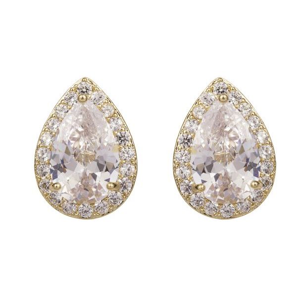 Yellow Gold Teardrop Stud Earrings with Crystals