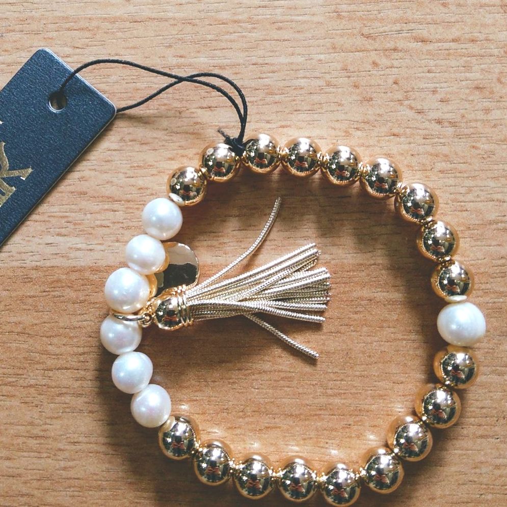 Yellow Gold Elasticated Bracelet with Faux Pearls and Tassel
