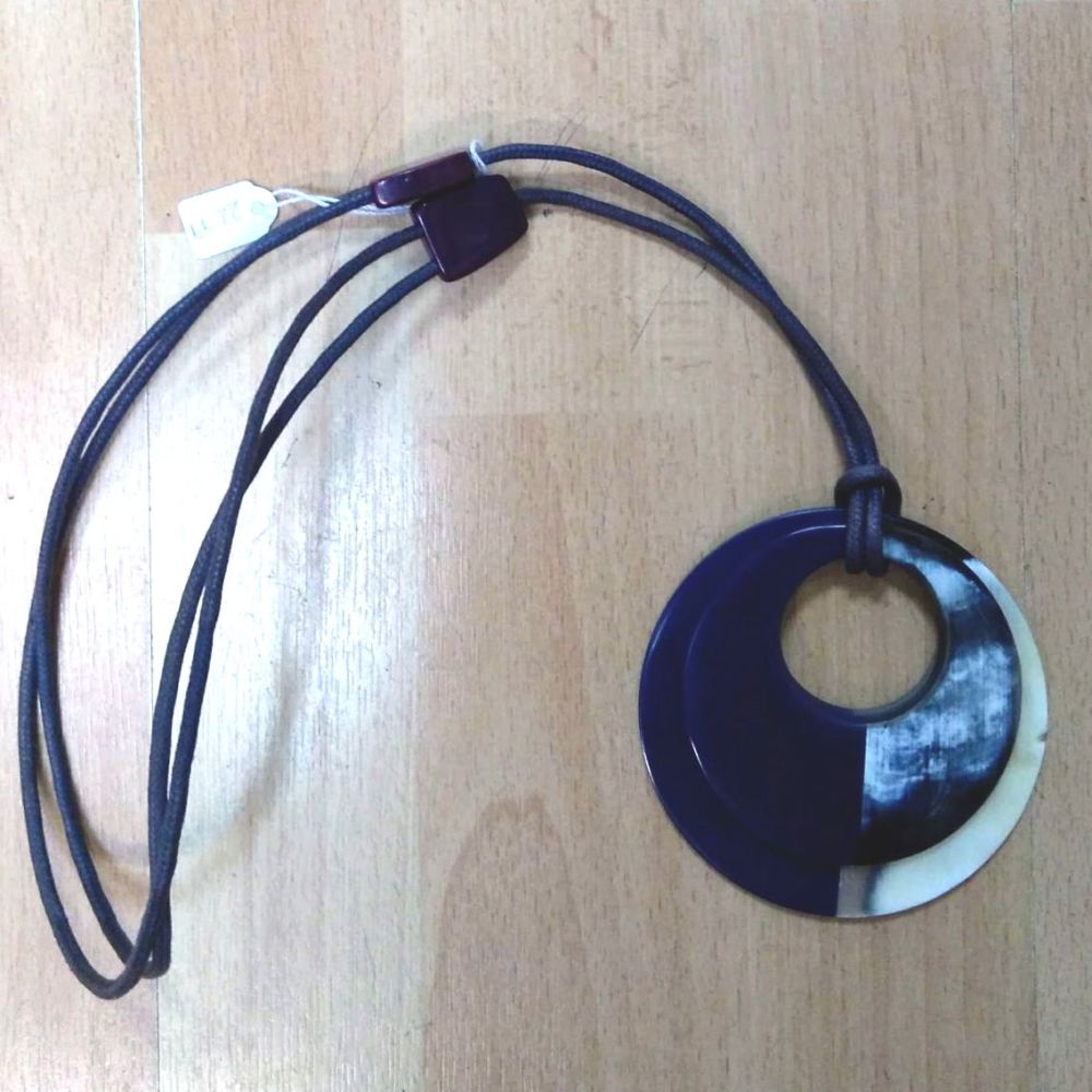 Black Rope Strap Necklace with Double Circular Blue/ Cream Pendant