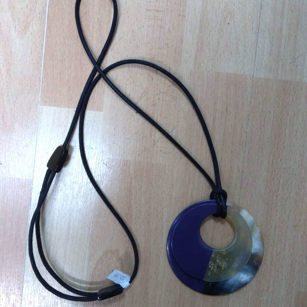 Black Rope Strap Necklace with Double Purple/ Cream Pendants