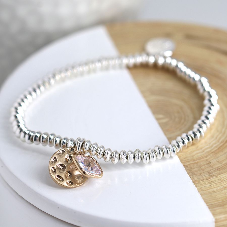 Silver plated bead bracelet with golden disc and crystal